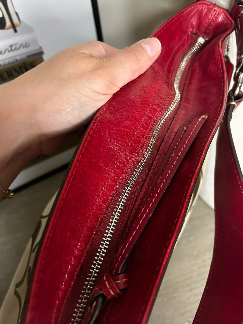 Coach Zoe Signature C Hobo Shoulder Bag  Khaki Jacquard Red Leather Trim